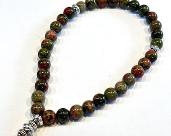 Unakite Jasper Tasbih Bracelet with Antique Silver Accents | 33 Bead Stretch Bracelet