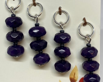 Purple agate stitch markers for knitting, set of four luxury knitting markers with faceted purple agate gemstone beads.