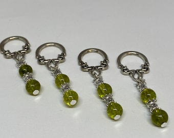 Peridot stitch markers for knitting, set of four luxury knitting markers with 6mm peridot gemstone beads.