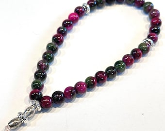 Tourmaline Jade Tasbih Bracelet with Antique Silver Accents | 33 Bead Prayer Bracelet