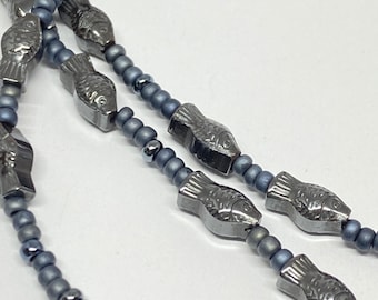Hematite fish eyeglass chain for readers or sunglasses, with Japanese seed beads.