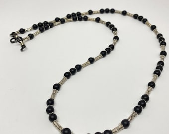 Onyx  and hematite eyeglass chain, natural gemstones with silver bead accents.