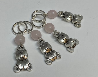 Teddy bear stitch markers for knitting, set of four with natural rose quartz beads, and a double sided  teddy bear charm.