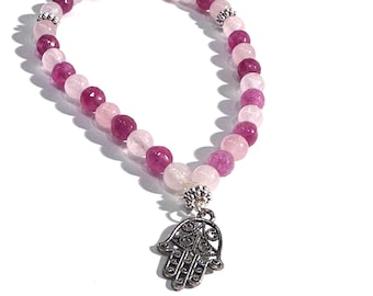 Rose Quartz & Tourmaline Tasbih Bracelet with Fatima Hand | 33 Bead Prayer Bracelet