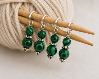 Malachite gemstone stitch markers for knitting, set of four decadent knitting markers.