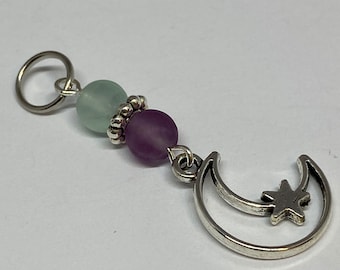 Moon and star stitch markers for knitting, set of four knitting markers with celestial charm and fluorite beads.