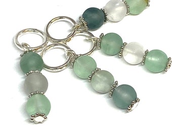 Gemstone stitch markers for knitting, set of four luxury knitting markers with frosted fluorite beads in shades of green