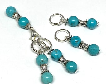 Turquoise stitch markers for knitting, set of four luxury knitting markers  and one stitch keeper,with 6mm turquoise gemstone beads.