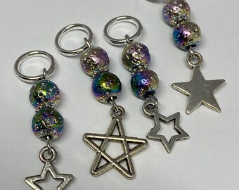 Starry night stitch markers for knitting, set of four with silver star charms and iridescent blue beads.