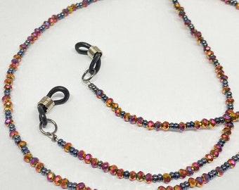 Delicate crystal beaded eyeglass chain, iridescent red 3mm beads spaced with seed beads.