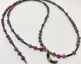 Tourmaline jade eyeglass chain, natural gemstones in tones of pink and green.