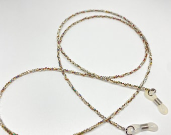 Delicate crystal beaded eyeglass chain, shimmering 2mm beads in iridescent grey.