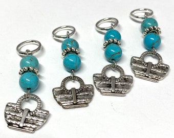 Teatime stitch markers for knitting, set of four knitting markers with  silver knitting basket charms, and 6mm turquoise gemstone beads.