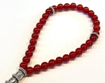 Carnelian Tasbih Bracelet with Antique Silver Accents | 33 Bead Stretch Prayer Bracelet