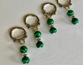 Malachite gemstone stitch markers for knitting, set of four luxury knitting markers.