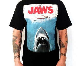 Jaws Movie Poster Black Distressed Logo T-Shirt