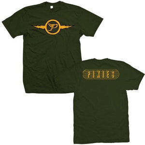 May include: Two green t-shirts with a yellow band logo on the front and the word "PIXIES" in a yellow grid on the back.