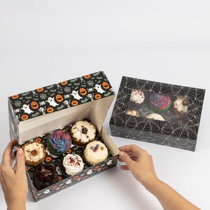 2 to 10 Halloween 6 Hole Cupcake Boxes Black Orange Cobweb Pumpkin Windowed Insert