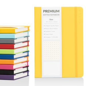 May include: A stack of 12 yellow dotted notebooks with a ribbon bookmark. The notebook is A5 size, 15cm x 21cm, 120gsm quality paper, hardback cover, cream paper, 64 pages/128 sides.