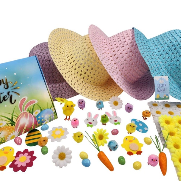 Easter Bonnet Set Hat Chicks Carrots Eggs Bunny's Decorations Flowers Craft