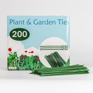May include: A box of 200 green plant and garden ties, 16.5 cm long. The box has a blue background with a picture of a garden and the text "Plant & Garden Ties 200".