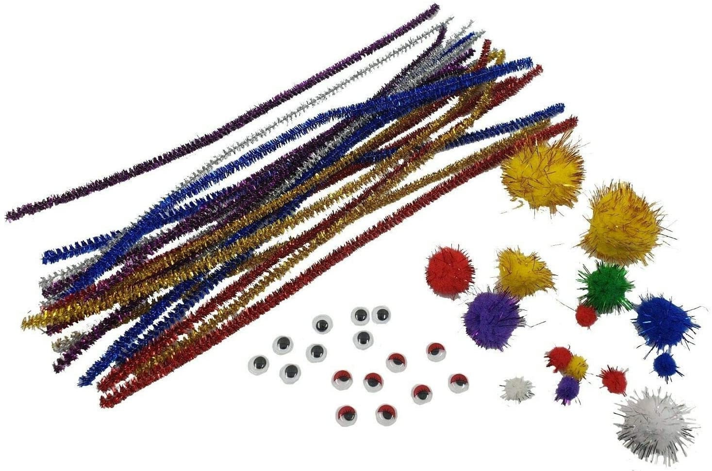 pipe cleaner for craft work 45 PCS Tinsel Gliiter kids set pipe Cleaners  set fuzzy red blue silver mix 30cm Pom Poms Goggle Eyes Vaule Pack