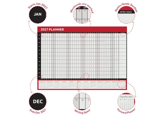2027 Wall Planner, A3 A2 Full Year Wall Calendar Jan to Dec, Home Office Work Planner