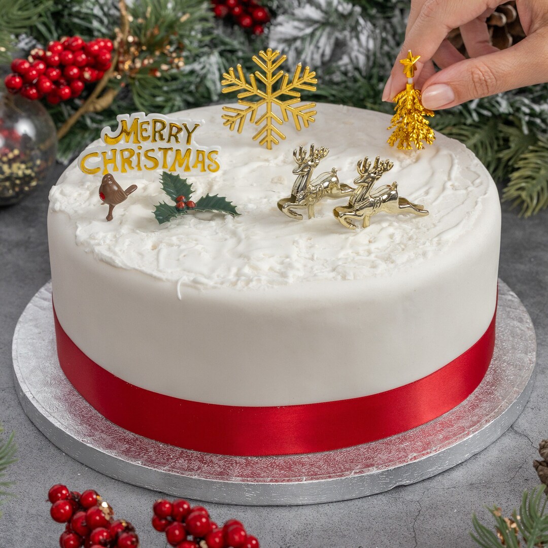 Christmas Cake Topper Gold Set Holly 7 Piece Cake Decorations Log ...