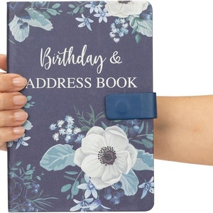 Address and birthday Book a to z A5 Satin Fabric Address & Birthdays Book Floral Design with Magnetic Closure Flower Navy image 1