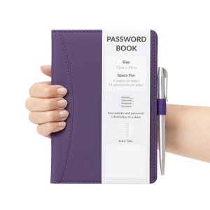 May include: A purple leather-bound password book with a white label that reads "PASSWORD BOOK". The label also includes details about the book's size, space for passwords, and index tabs. A silver pen is attached to the book with a purple ribbon.