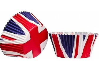 May include: Red, white, and blue cupcake liners with a Union Jack design.