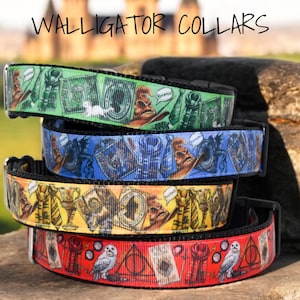May include: Four colorful dog collars with a Harry Potter theme. The collars feature images of Harry Potter characters, objects, and symbols. The collars are stacked on top of each other, with the red collar on the bottom and the green collar on the top.