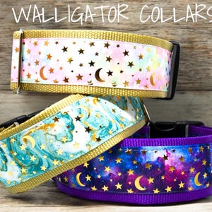 May include: Three dog collars with a gold background and a pattern of stars and crescent moons. The collars are in pink, teal, and purple.