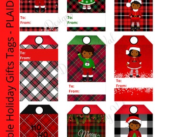 PRINTABLE Christmas Tags, Plaid Christmas Tags, Holiday Tags, Digital Download Tags, African American Kids Gift Tags