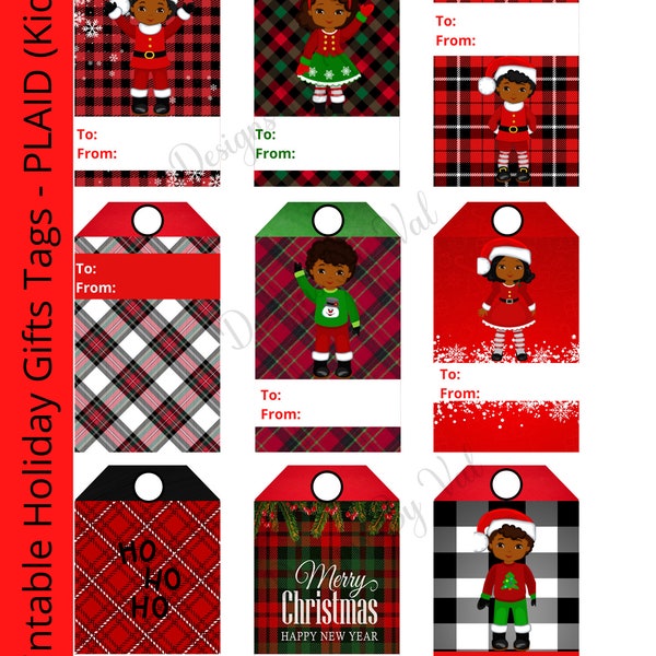 PRINTABLE Christmas Tags, Plaid Christmas Tags, Holiday Tags, Digital Download Tags, African American Kids Gift Tags