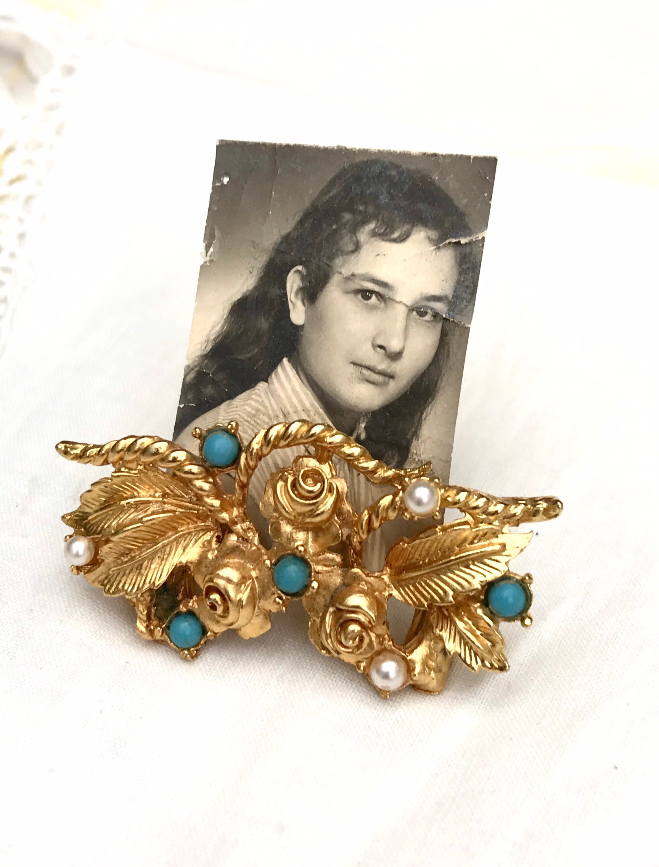 Vintage Magnifique Porte Photo en Métal Doré Style Art Nouveau Signé