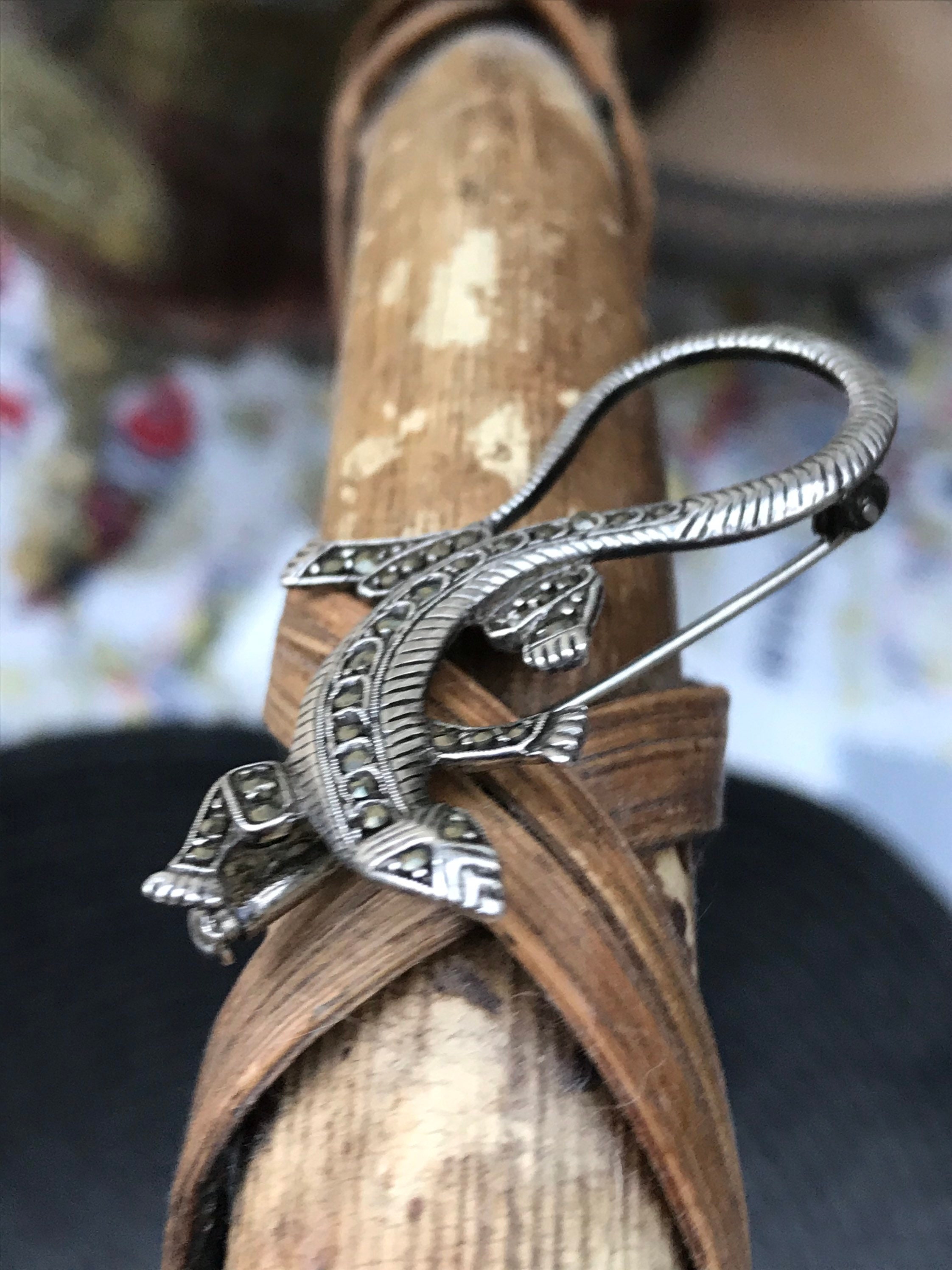 Broche Lézard Art Déco En Argent 925 Avec Strass - Longueur 55mm - Occasion En Bon état