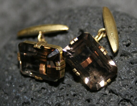 Antique 9K Gold Faceted Smoky Quartz Cufflinks - image 4