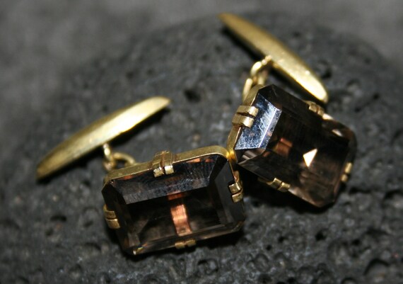 Antique 9K Gold Faceted Smoky Quartz Cufflinks - image 6