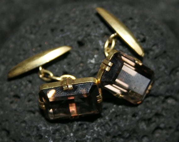 Antique 9K Gold Faceted Smoky Quartz Cufflinks - image 1