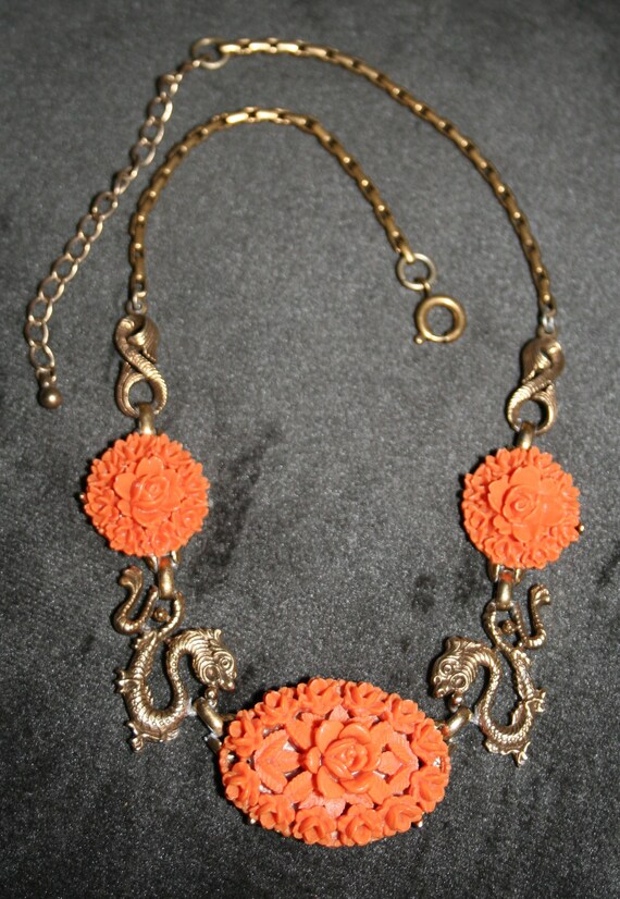 Vintage Carved Coral Celluloid Roses and Dragons B