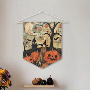 Halloween Folk Art Witch Pumpkins Moon Pennant Flag Wall Hanging, Halloween Decorations, Unique Halloween Decorations, Cottagecore Halloween
