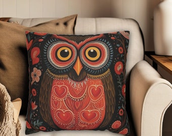 Folk Art Owl Pillow, Valentines Day Decor, Woodland Home Decor