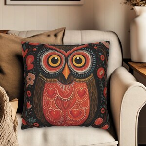 Owl Pillow Cover Folk Art Valentines Day Woodland, Owl Home Decor, Owl Throw Pillow Cover, Boho Owl Decor, 14x14, 16x16, 18x18, 20x20