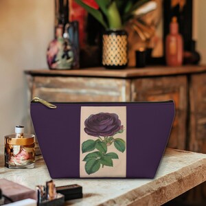 Accessory Pouch - Vintage Artwork Dark Purple Rose Zipper Bag, Purple Floral Makeup Bag, Retro Cosmetic Case, Travel Toiletry, Purple Bags