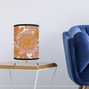 1970s Style Floral Tripod Desk Lamp in Orange & Purple Hues, Bohemian Lamps, Fun Bedroom Lamps, 1970s Floral, Mid Century Modern, 11x7x7&quot;