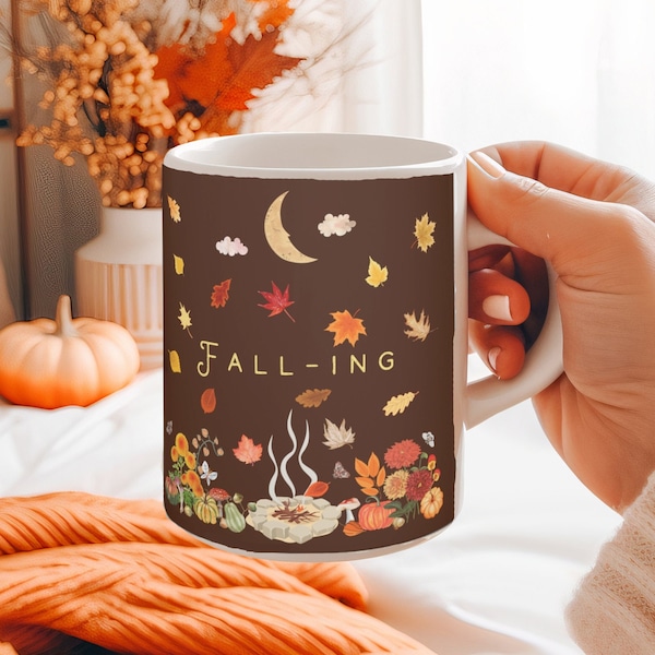 FALL AUTUMN MUG 'Fall-ing' Leaves with Crescent Moon Camp Fire Fall Floral Mushrooms Acorns in 5 Colors & Several Styles, Fall Teacher Gift