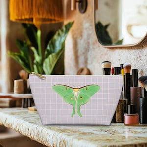 Accessory Pouch - Vintage Art Nouveau Celery Green Luna Moth Lilac Pink Graph Pattern, Makeup Bag, Cosmetic Zipper Pouch, Boho Accessories