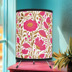 Floral Round Tripod Table or Bedside Lamp Pink Gold White, Floral Decor Lighting, Cozy Lamps, Bright Floral Lamps, Cute Desk Lamp