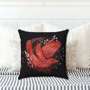 Folk Art Red Bird Pillow Cover, Black Boho Pillow Covers, Zipper Pillow Cushion Cover, 1970s Style Folk Art Pillow Covers in Multiple Sizes